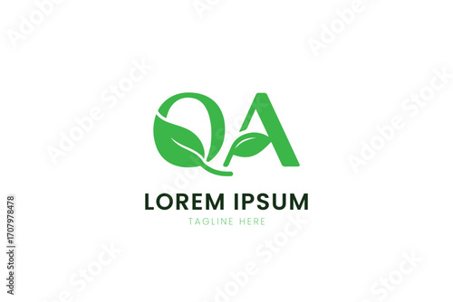 Minimalist green qa logo design featuring leaf elements and business text