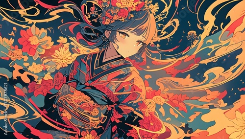 Fantasy woman in ornate traditional costume with flowing patterns