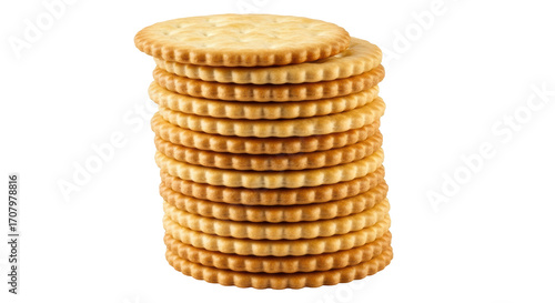 Fényképezés Isolated stack of golden brown crackers ready to eat, baked snack biscuits, appe