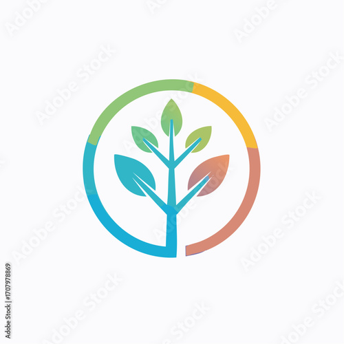 Abstract botanical illustration featuring a colorful tree design within a circular frame element
