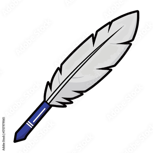 Isolated cartoon illustration of a white quill pen with a blue handle, a vintage symbol of writing and literature.