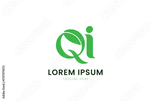 Minimalist green qi logo design with leaf element and lorem ipsum placeholder text