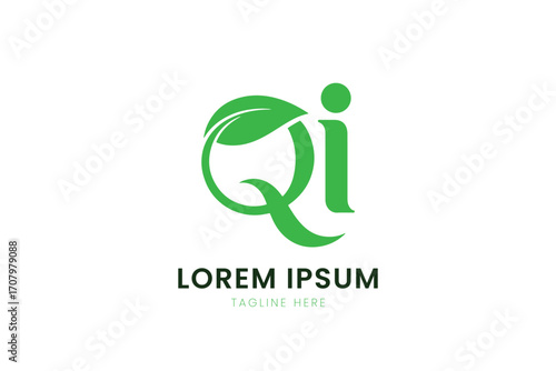 Minimalist green qi logo design with leaf elements and placeholder text