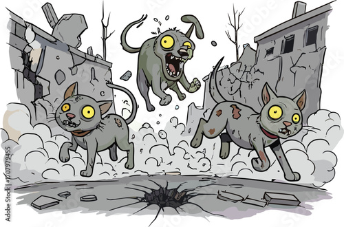 Zombie cats and dog running fiercely in destroyed urban ruins, post-apocalyptic chaos, undead animals escaping, spooky pets, devastated cityscape