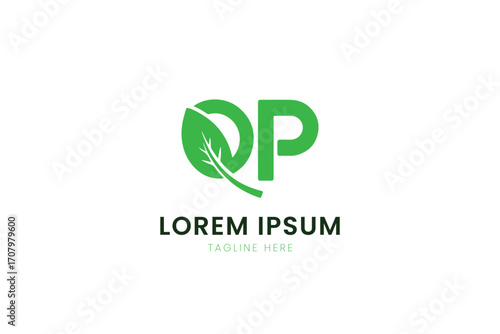 Minimalist green qp logo with leaf design represents nature and growth
