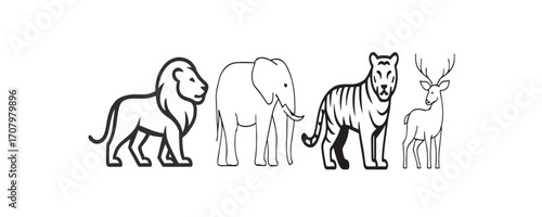 Print  Black and white vector line art of wild animals – lion, elephant, tiger, deer – minimal outlines, clean  paths, isolated on white background.