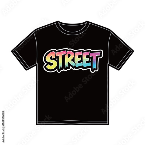 A creative cartoon vector illustration of a black t-shirt with the word "STREET" in a colorful, melting, graffiti-style font, ideal for urban fashion and apparel themes.