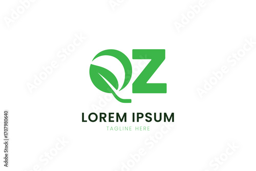 Modern green leaf qz logo design with placeholder text for business branding