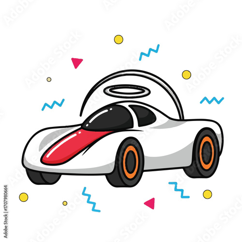 Stylized white race car with a red stripe and black windows, surrounded by colorful geometric shapes and squiggles, cartoon illustration.