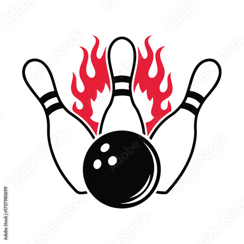 Bowling ball and pins with flames, sports graphic