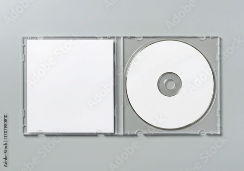cd dvd case, Open clear plastic CD jewel case with blank white disc and insert for branding. Mock-up of compact disc packaging on soft gray background. Represents digital storage, music or software.