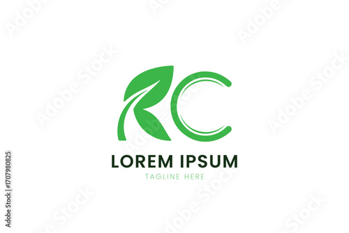 Minimalist green rc logo with leaf element and lorem ipsum text for nature-focused brands