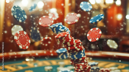 Wallpaper Mural Poker cart and chips flying over the table in the casino Torontodigital.ca