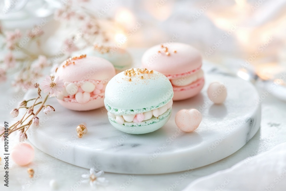 Fototapeta premium Creative pastel macarons shaped like skulls, decorated with delicate flowers