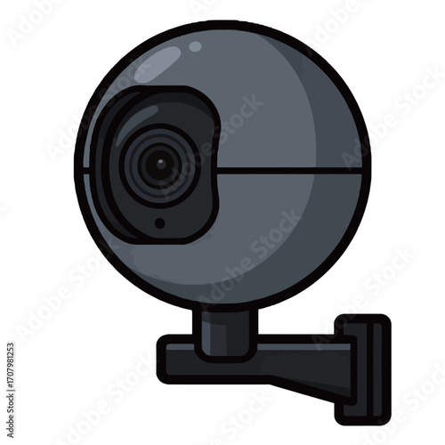 A detailed vector illustration of a dark gray web camera or surveillance camera, representing technology, communication, and security topics.