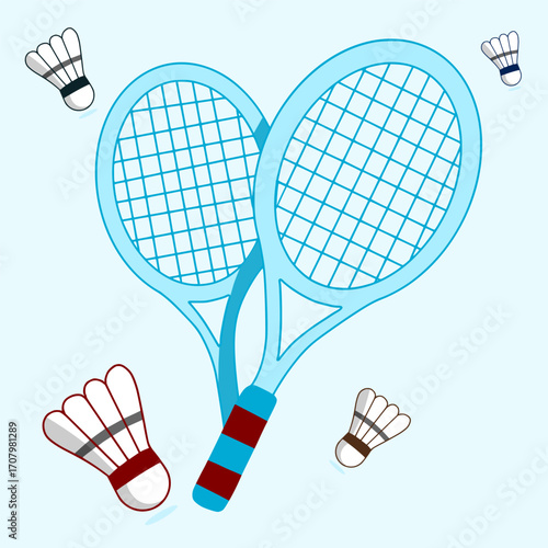 Tennis racket and shuttlecock on blue background
