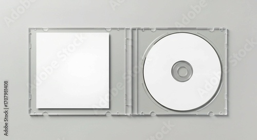blank dvd case, Open clear plastic CD jewel case with blank white disc and insert for branding. Mock-up of compact disc packaging on soft gray background. Represents digital storage, music or software