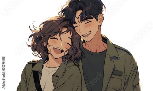 Anime couple smiling together in casual outfits