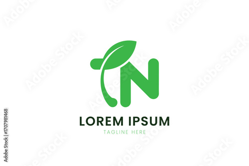 Minimalist green letter n logo with leaf for organic businesses and eco-friendly brands