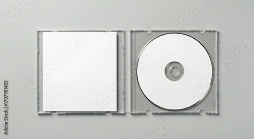 blank dvd case, Open clear plastic CD jewel case with blank white disc and insert for branding. Mock-up of compact disc packaging on soft gray background. Represents digital storage, music or software