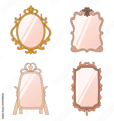 Vintage mirror doodle collection set. Vector isolated of mirrors clip art in pastel color and medieval style for furniture, asset, design, material, book, decoration