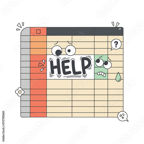 Overloaded spreadsheet character asking for help isolated on white background