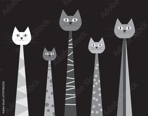 Graphic cartoon cats set on black background. Vector illustration.