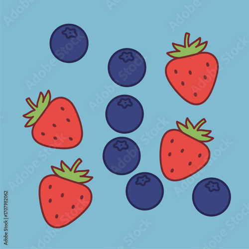 Scattered Blueberries and Strawberries Cartoon Illustration on Blue Background