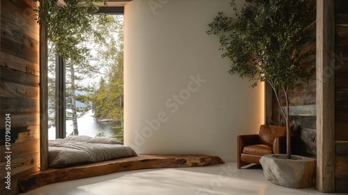 A cozy bedroom with rustic wooden features and large windows offering scenic views outside, warm natural light,