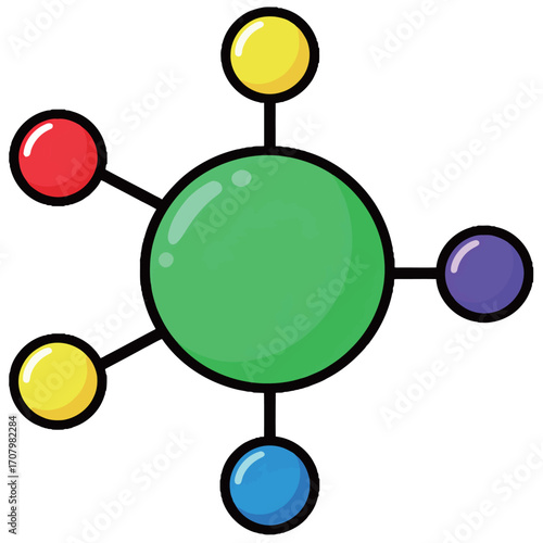 A colorful and simple vector illustration of a molecule or atom, featuring a central green sphere connected to five smaller, multi-colored spheres, representing science, technology, and connectivity.