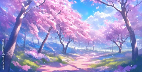 Dreamy anime landscape with cherry blossoms in full bloom