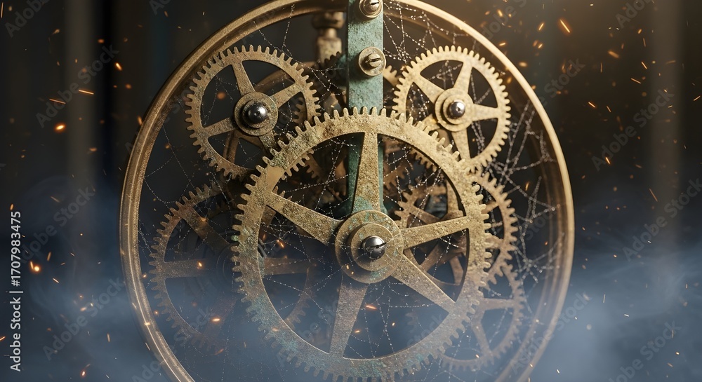 Fototapeta premium Close-up macro of an old rusty mechanical clockwork watch with metal gears and a vintage industrial mechanism detail