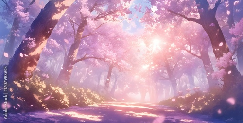 Fantasy cherry blossom forest with sunlight and falling petals