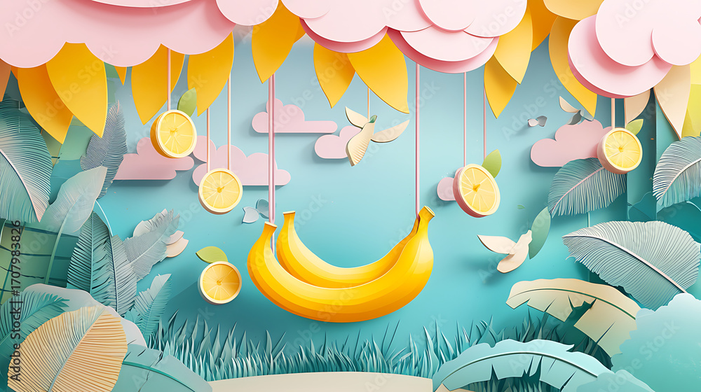 Naklejka premium A surreal summer jungle scene created in a vibrant papercraft style, featuring a bunch of yellow bananas swinging from fluffy clouds amidst hanging citrus slices
