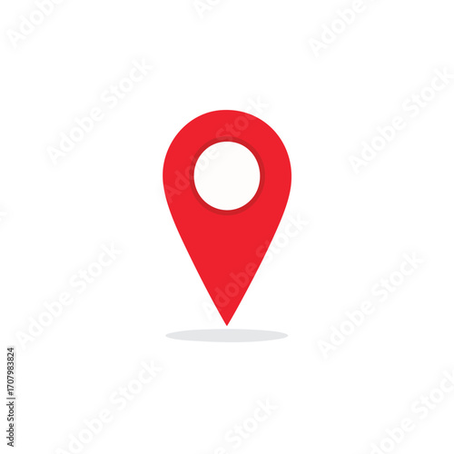 Red map marker icon with a shadow on a white background, representing a location pin and pinpoint symbol