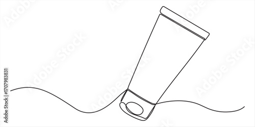 Nail polish, red lipstick and cream tube vector one line continuous drawing. Hand drawn linear silhouette icon. Minimal design, make up print, cosmetic banner, card, poster, brochure, beauty logo.