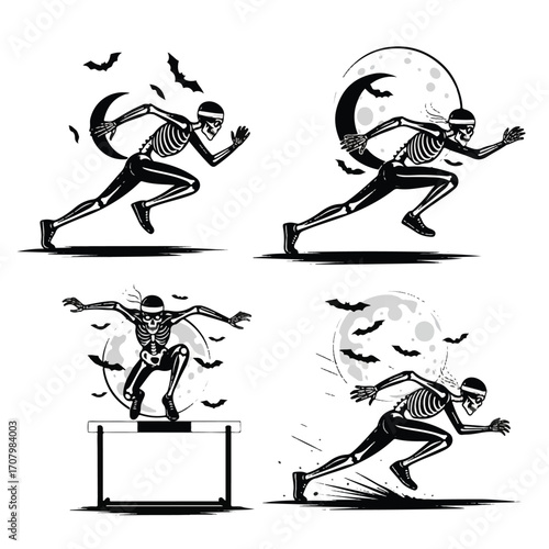 Four black and white illustrations of a skeleton running and jumping over hurdles with bats and a moon in the background, suitable for Halloween or sports themes.