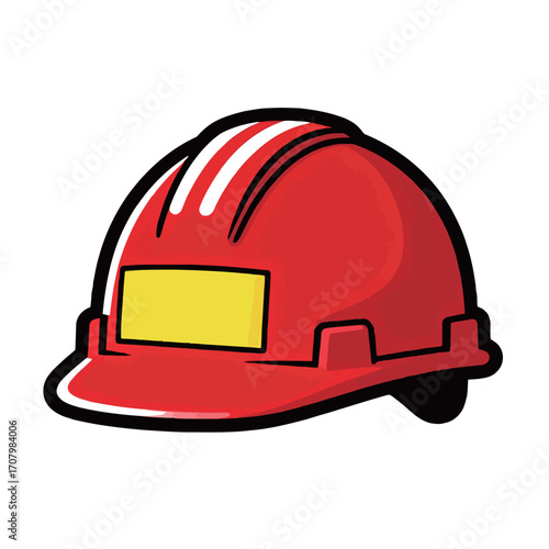 A simple, cartoon vector illustration of a red hard hat with a yellow label, symbolizing safety, construction, and protection in a professional or industrial environment.