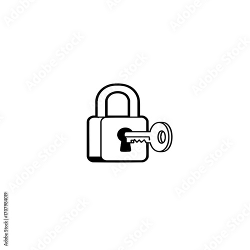 Simple line art illustration depicting a classic padlock with a key inserted, symbolizing security, access, and unlocking solutions