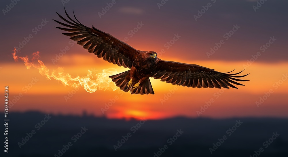 Naklejka premium Phoenix bird soaring in sunset sky