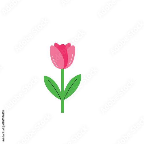A clean and elegant vector graphic featuring a solitary pink tulip blossom with vibrant green foliage, evoking feelings of freshness, nature, and the cheerful arrival of springtime