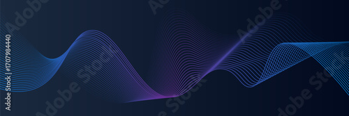 Abstract glowing wave lines on dark blue background. Dynamic wave pattern. Modern flowing wavy lines. Futuristic technology concept. Suit for banner, poster, cover, brochure, flyer, website