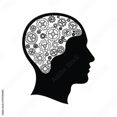 The intricate workings of the human brain represented by a silhouette and gears, symbolizing thought processes and cognitive functions