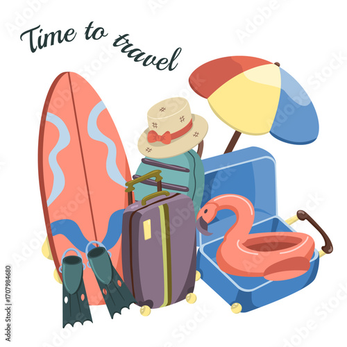 Vector postcard with travel items. Suitcases and beach umbrella, surfboard and diving fins.