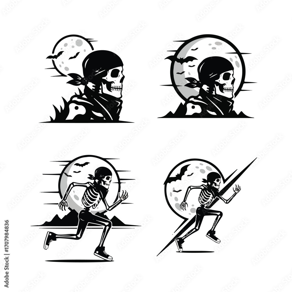 Fototapeta premium Four black and white skeleton illustrations with a moon background.