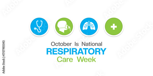 October is National Respiratory Care Week. Stethoscope, human, lung and plus icon. Suitable for posters, banners and social media. White background.
