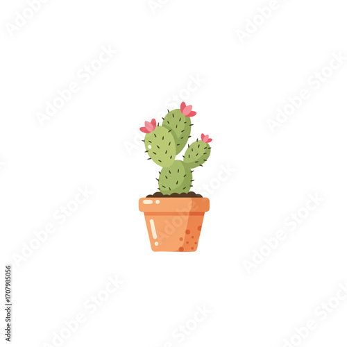 A potted prickly pear cactus with small pink flowers in a terracotta pot on a white background