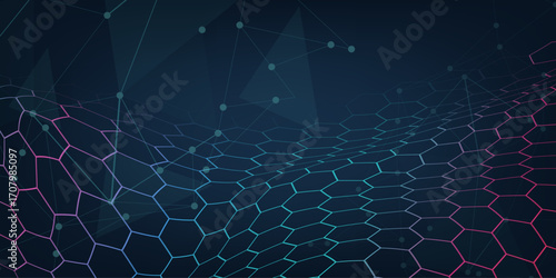 Abstract dark Geometrical Background Connection structure. Science background. Connecting dots and lines. Big data visualization and Business .Vector illustration. hexagons