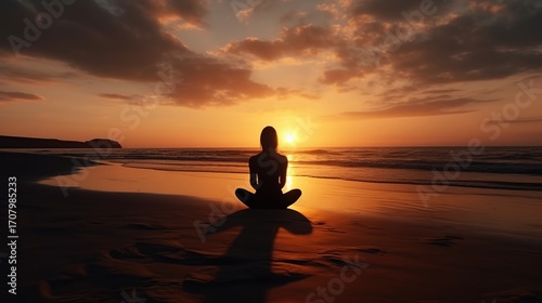 Silhouette of woman meditating at sunset beach