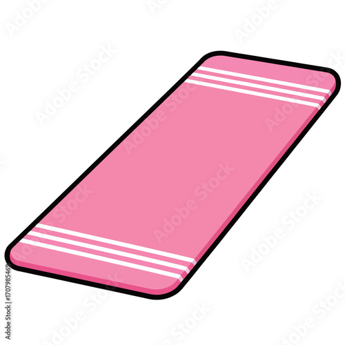 A simple cartoon vector illustration of a pink yoga or exercise mat with white stripes, perfect for topics related to fitness, home workouts, and wellness.
